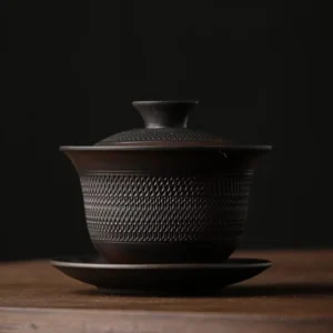 Vintage Japanese dark brown textured porcelain gaiwan 6.4oz full set