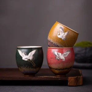 Vintage Porcelain Auspicious Crane Tea Cup 3.7oz side view