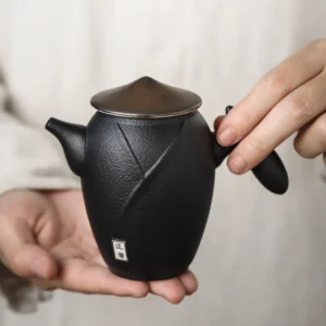 Wandering Hero black porcelain side handle teapot full view
