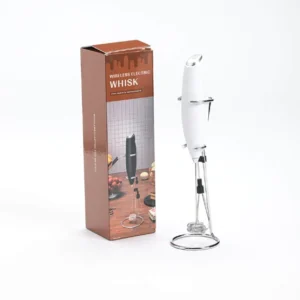 White cordless electric matcha whisk full product view with accessories and storage stand