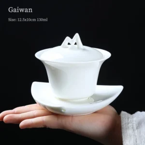 Modern unique white porcelain gaiwan with mountain lid knob and leaf drainage saucer full view