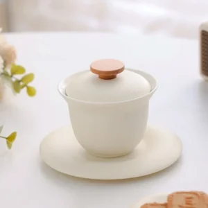 Cream white porcelain gaiwan with wood lid knob product main view