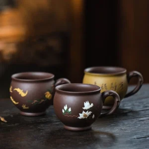 Handmade Yixing Zisha clay tea cup group display Chinese purple clay teacup with handle