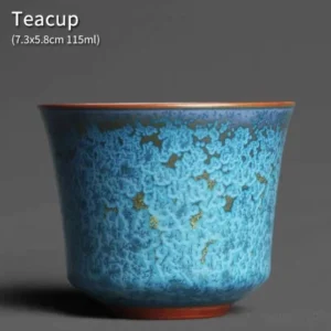 main view of handmade Yuzhou Jun Kiln turquoise porcelain tea cup with gold texture